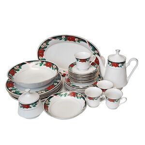 Vintage Tienshan Fine China Deck the Halls Green Holly Dinnerware Set